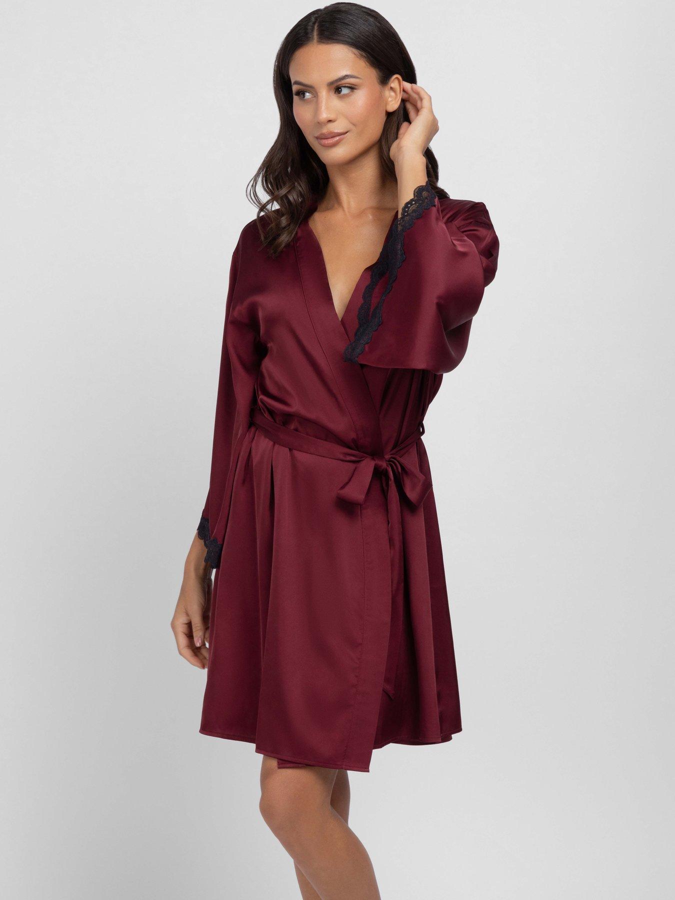 Image 1 of 5 of DORINA Womens Valentina Satin-Look Lace Trim Dressing Gown - Red