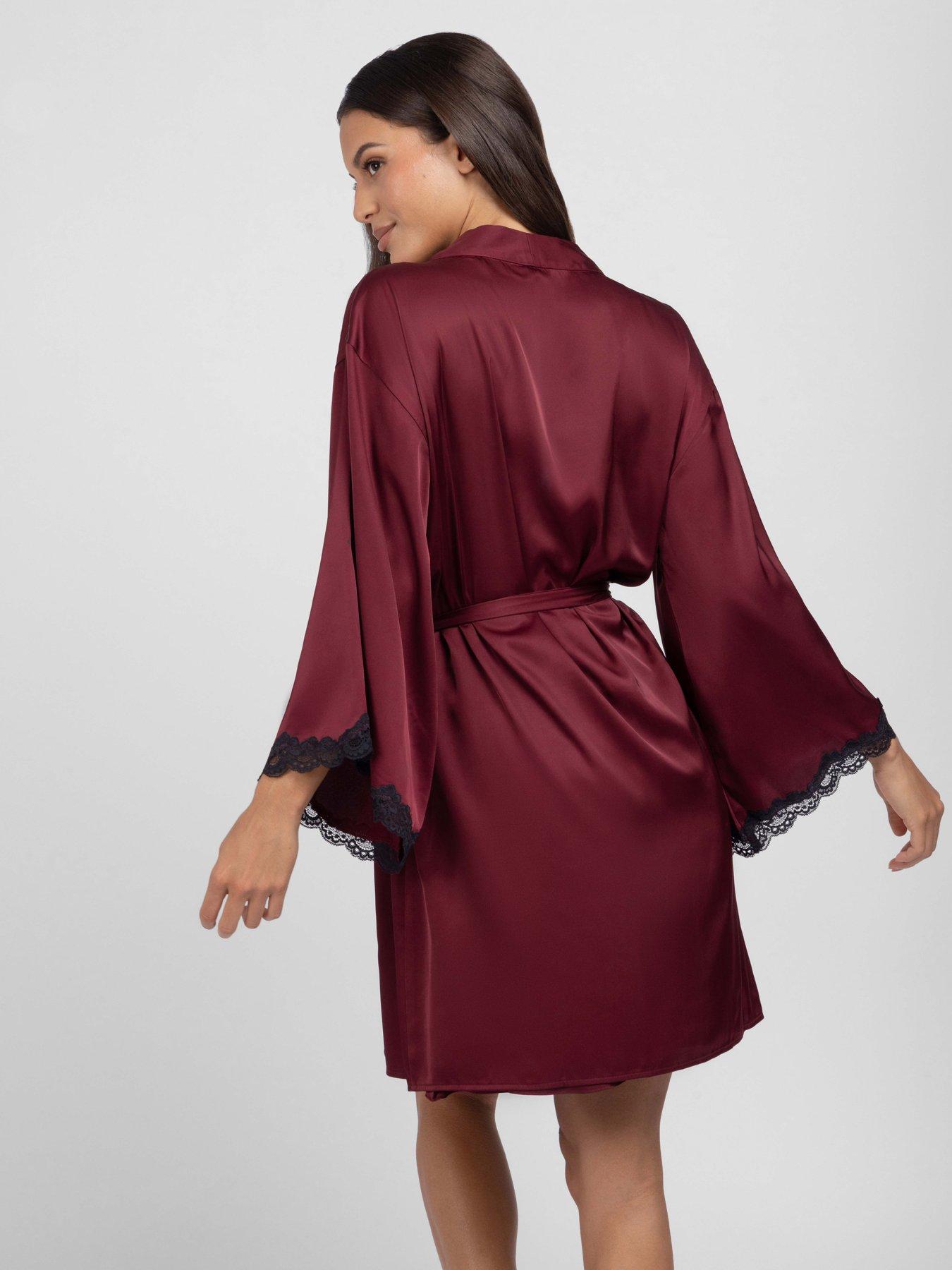 Image 2 of 5 of DORINA Womens Valentina Satin-Look Lace Trim Dressing Gown - Red