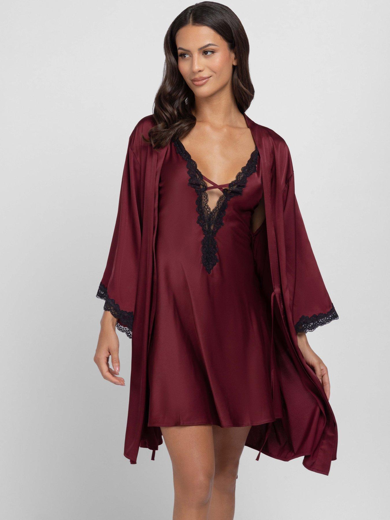 Image 3 of 5 of DORINA Womens Valentina Satin-Look Lace Trim Dressing Gown - Red
