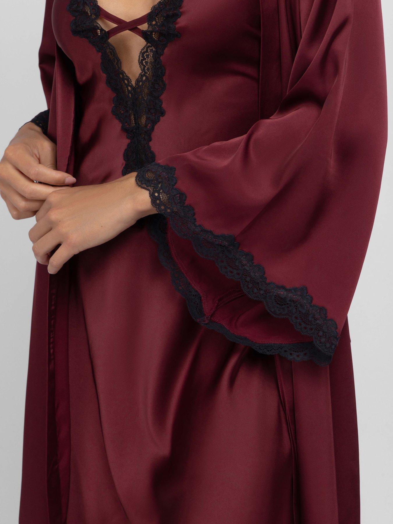 Image 4 of 5 of DORINA Womens Valentina Satin-Look Lace Trim Dressing Gown - Red