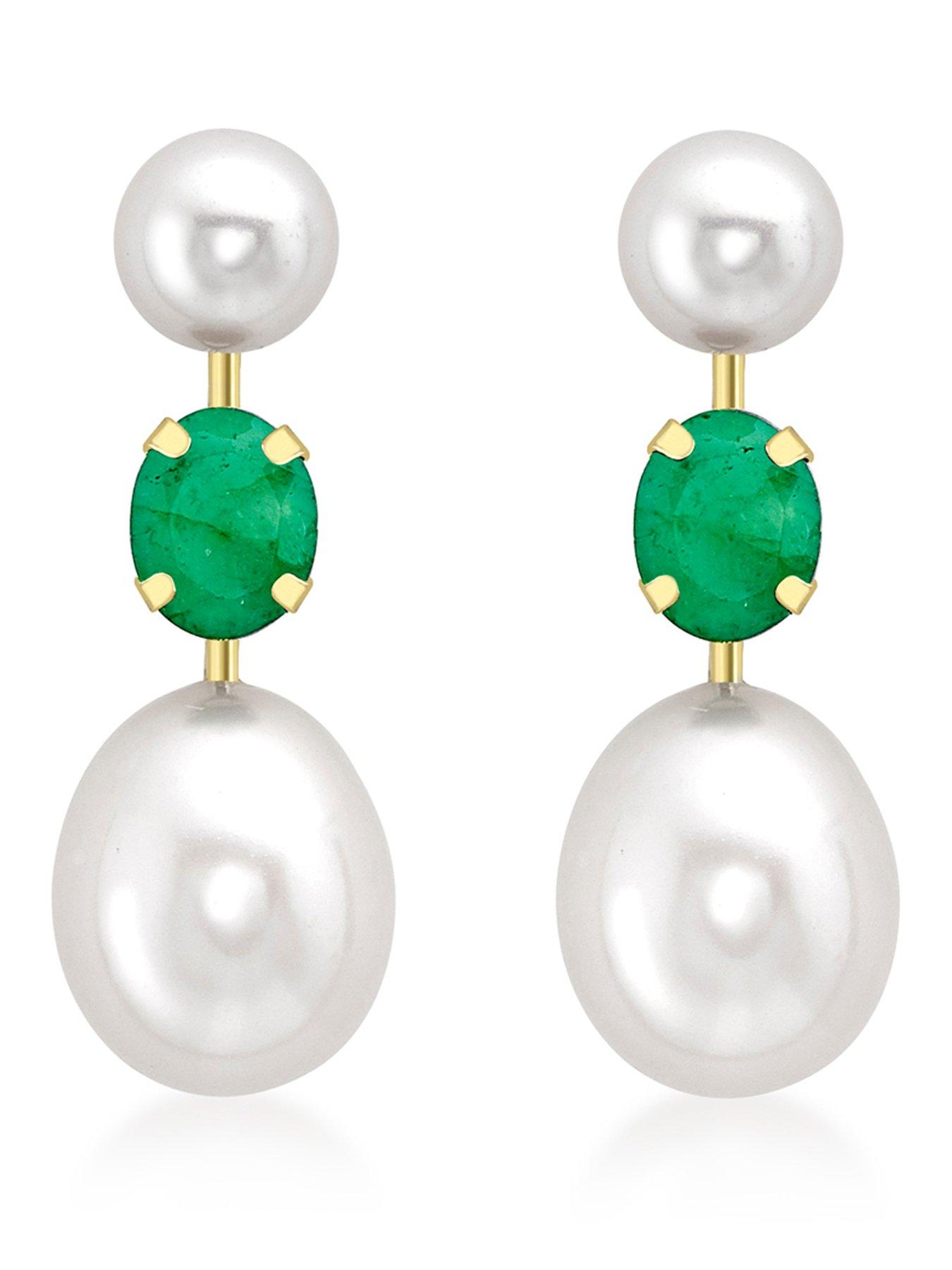 Love GOLD 9ct Yellow Gold Emerald and 2 Freshwater Pearls 7.5mm x 21mm Stem Drop Earrings