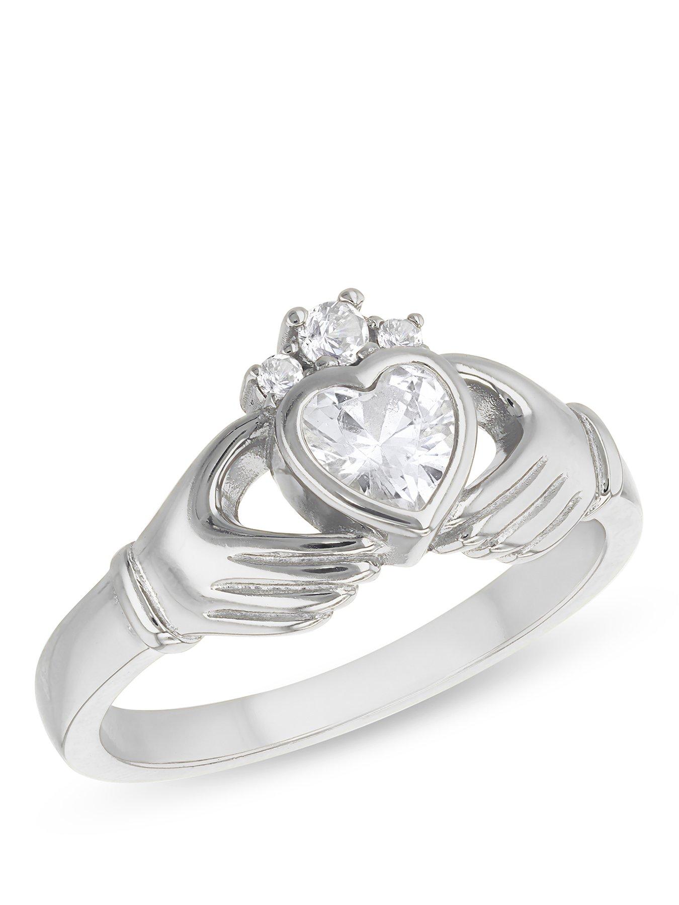 The Love Collection Sterling Silver Rhodium Plated 5mm x 5mm Heart CZ Claddagh Ring