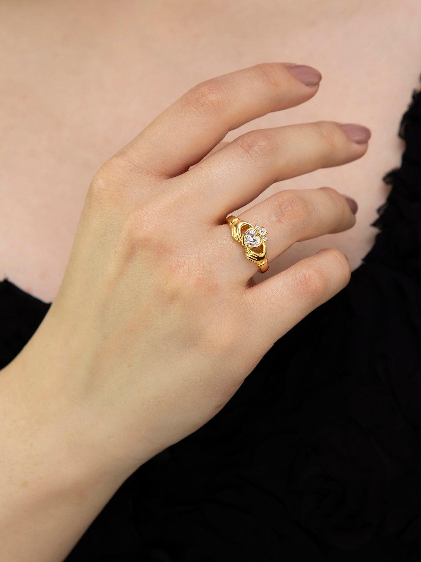 The Love Collection Sterling Silver Gold Plated 5mm x 5mm Heart CZ Claddagh Ring