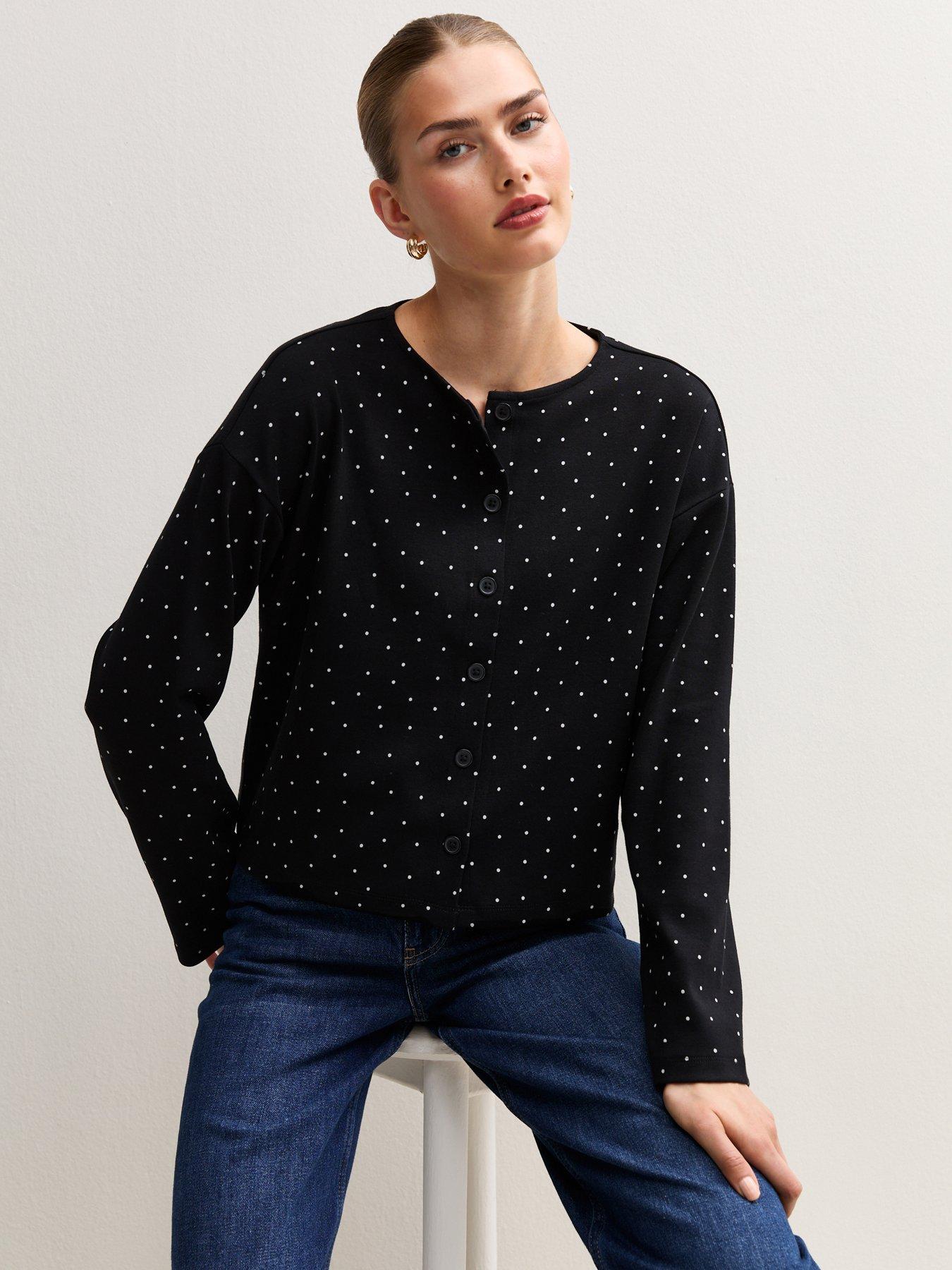 Image 1 of 6 of New Look Womens Button-Through Polka Dot Long Sleeve T-Shirt - Black