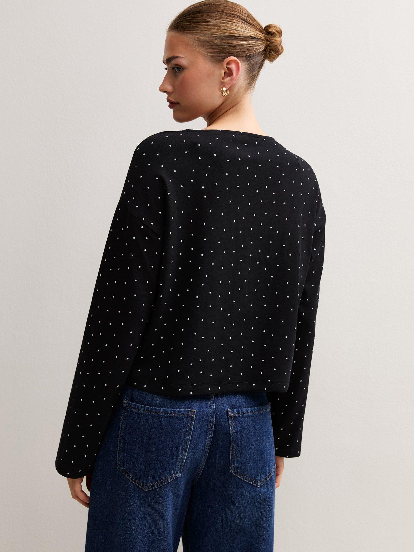 Image 2 of 6 of New Look Womens Button-Through Polka Dot Long Sleeve T-Shirt - Black