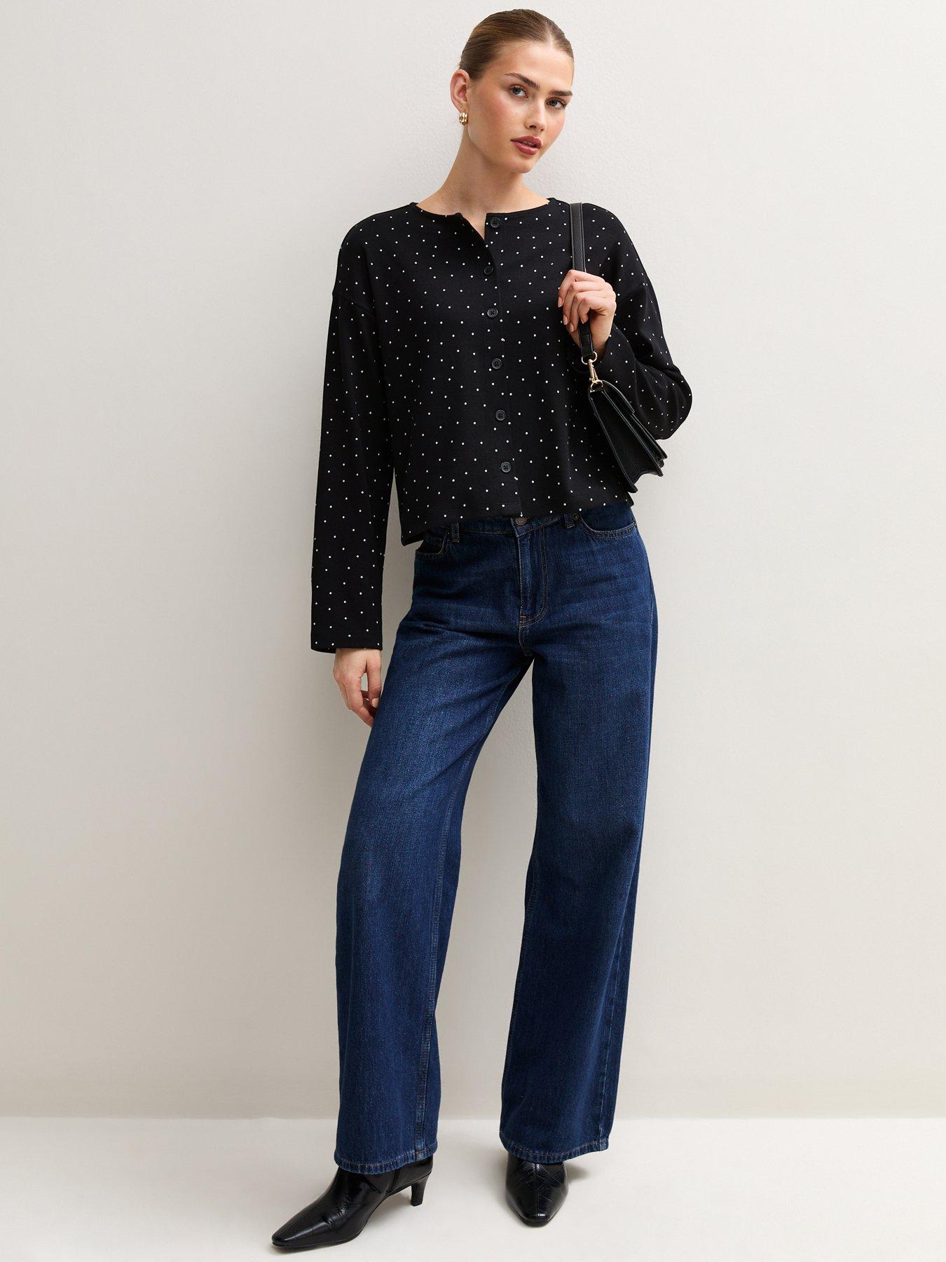 Image 3 of 6 of New Look Womens Button-Through Polka Dot Long Sleeve T-Shirt - Black