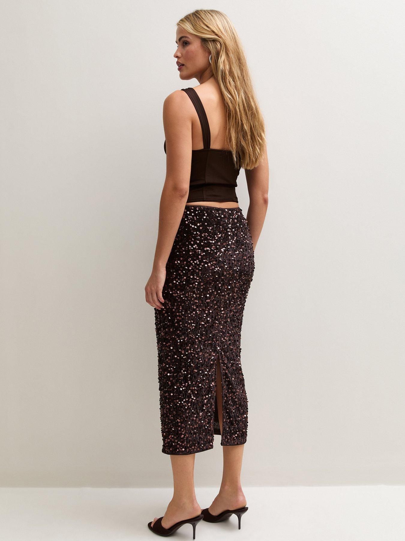 Image 2 of 5 of New Look Womens Sequin Pencil Midi Skirt - Brown