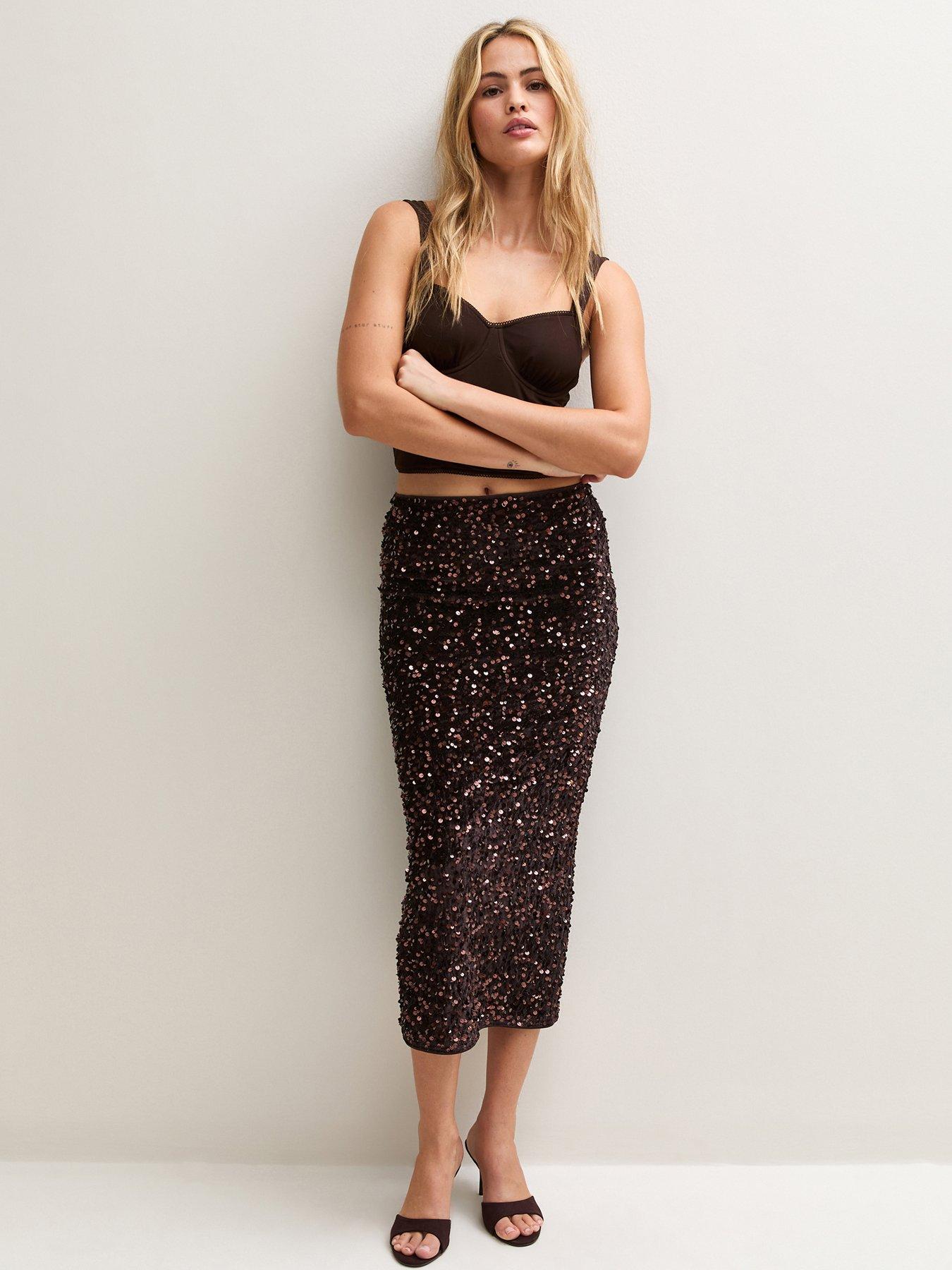 Image 3 of 5 of New Look Womens Sequin Pencil Midi Skirt - Brown