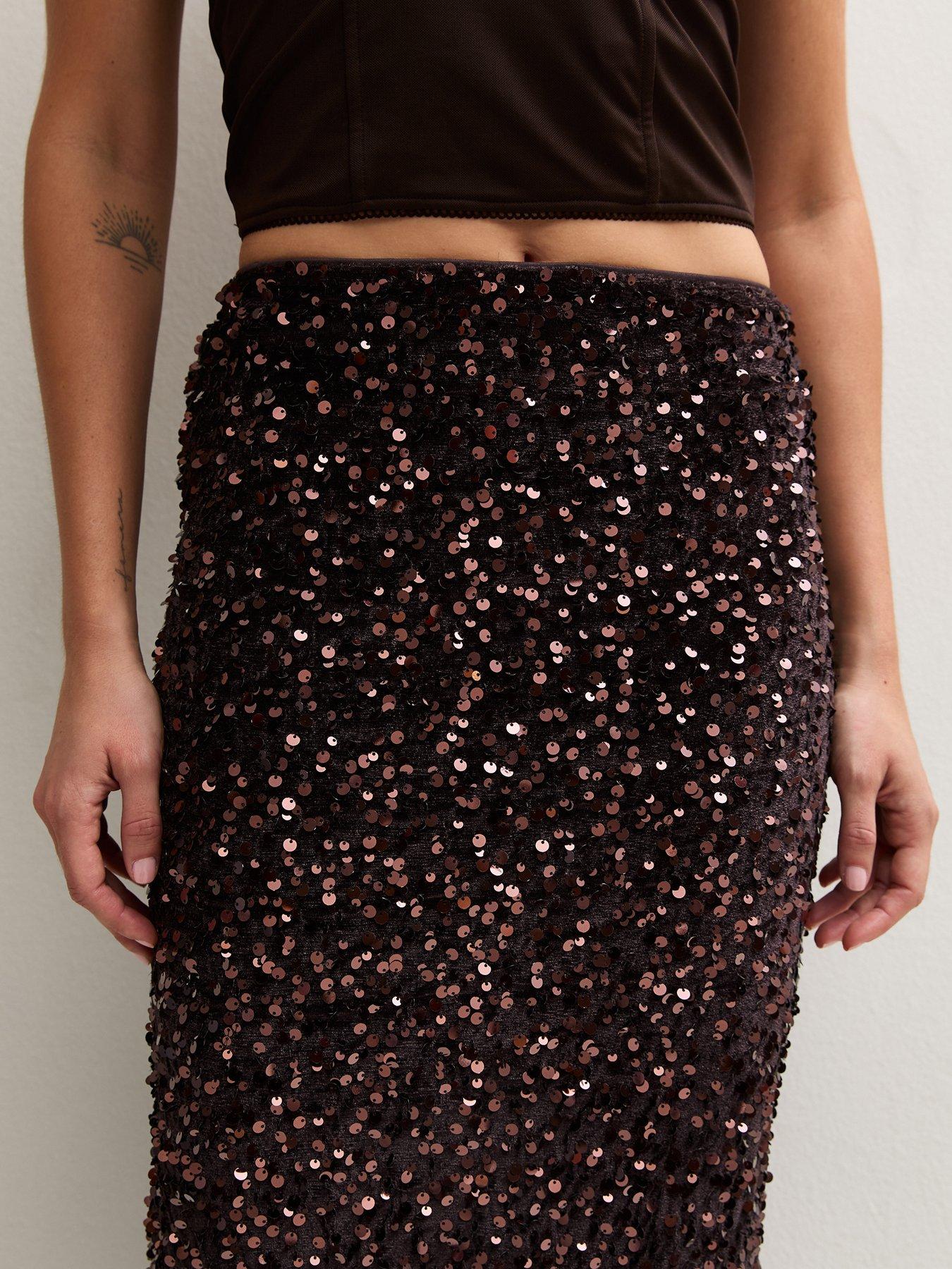Image 4 of 5 of New Look Womens Sequin Pencil Midi Skirt - Brown