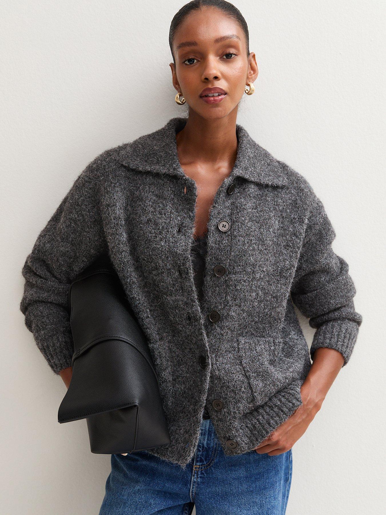 Image 1 of 6 of New Look Womens Knitted Collar Cardigan - Grey