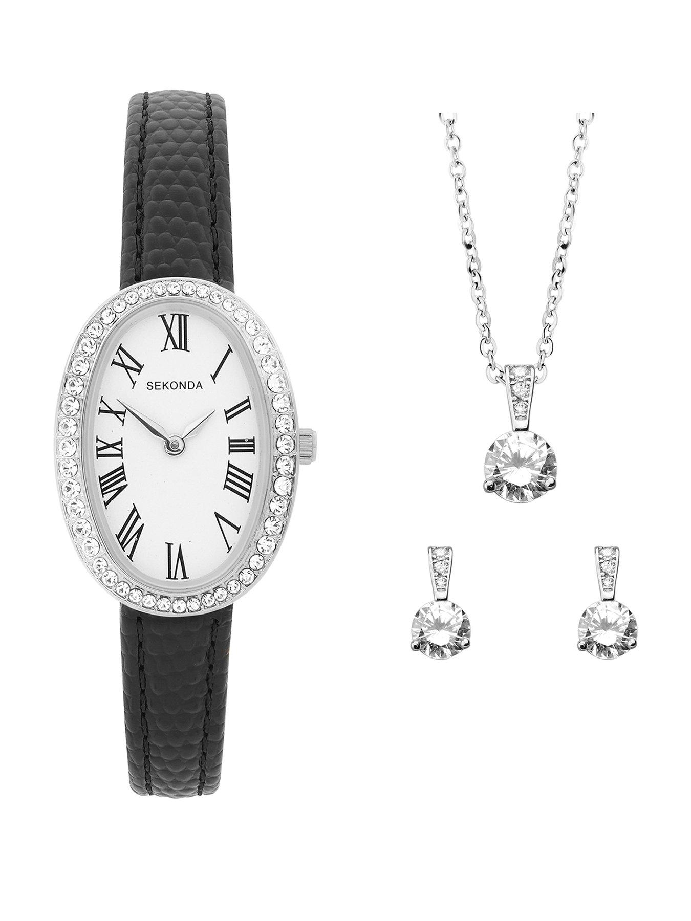 Sekonda Sekonda Womens Bellamy Black Leather Strap with Stone Set Silver Case and White Dial, matching Pendant and Stud Earrings Analogue Gift Set