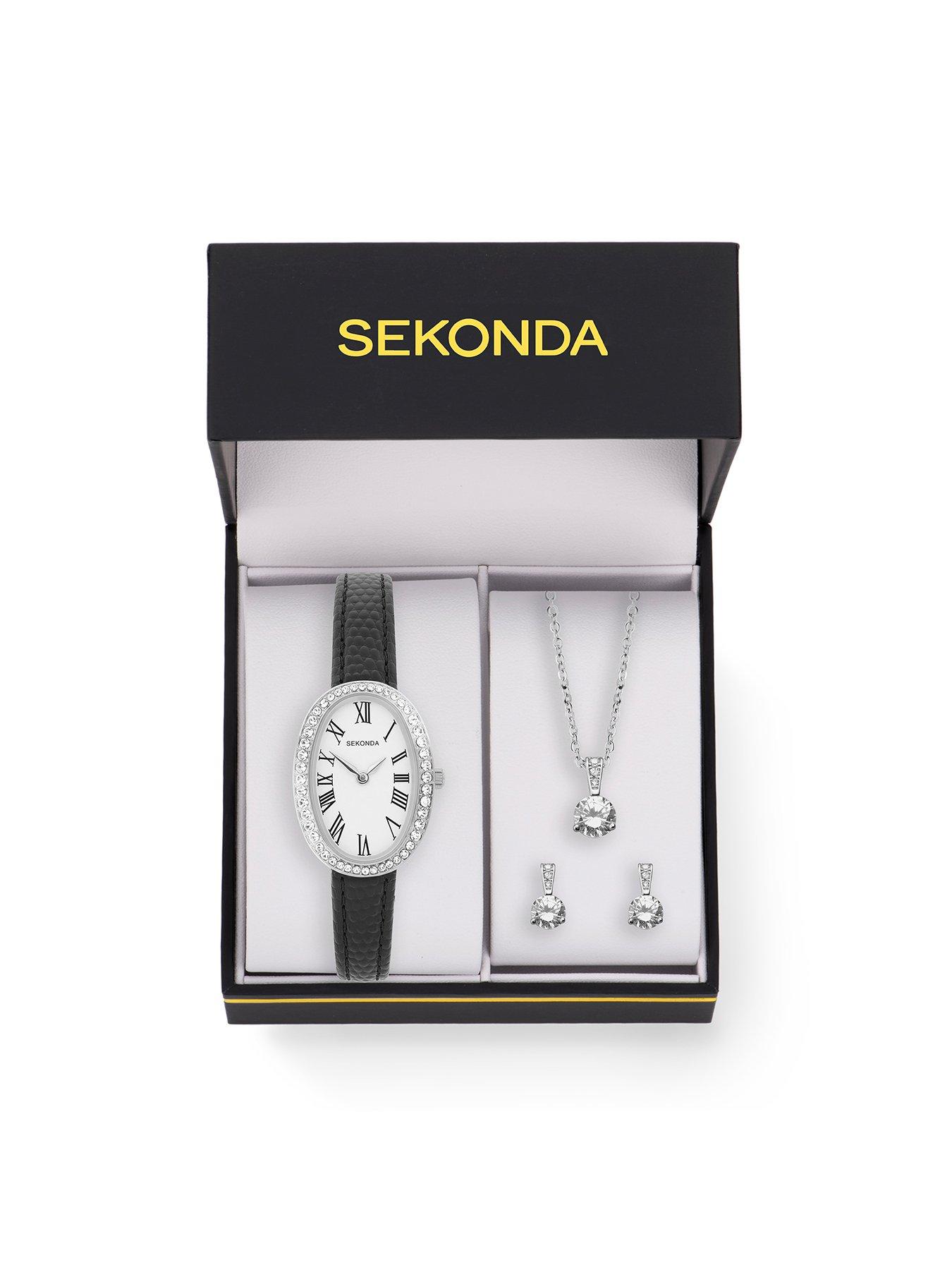 Image 3 of 5 of Sekonda Womens Bellamy Black Leather Strap Watch, Necklace and Earrings Gift Set