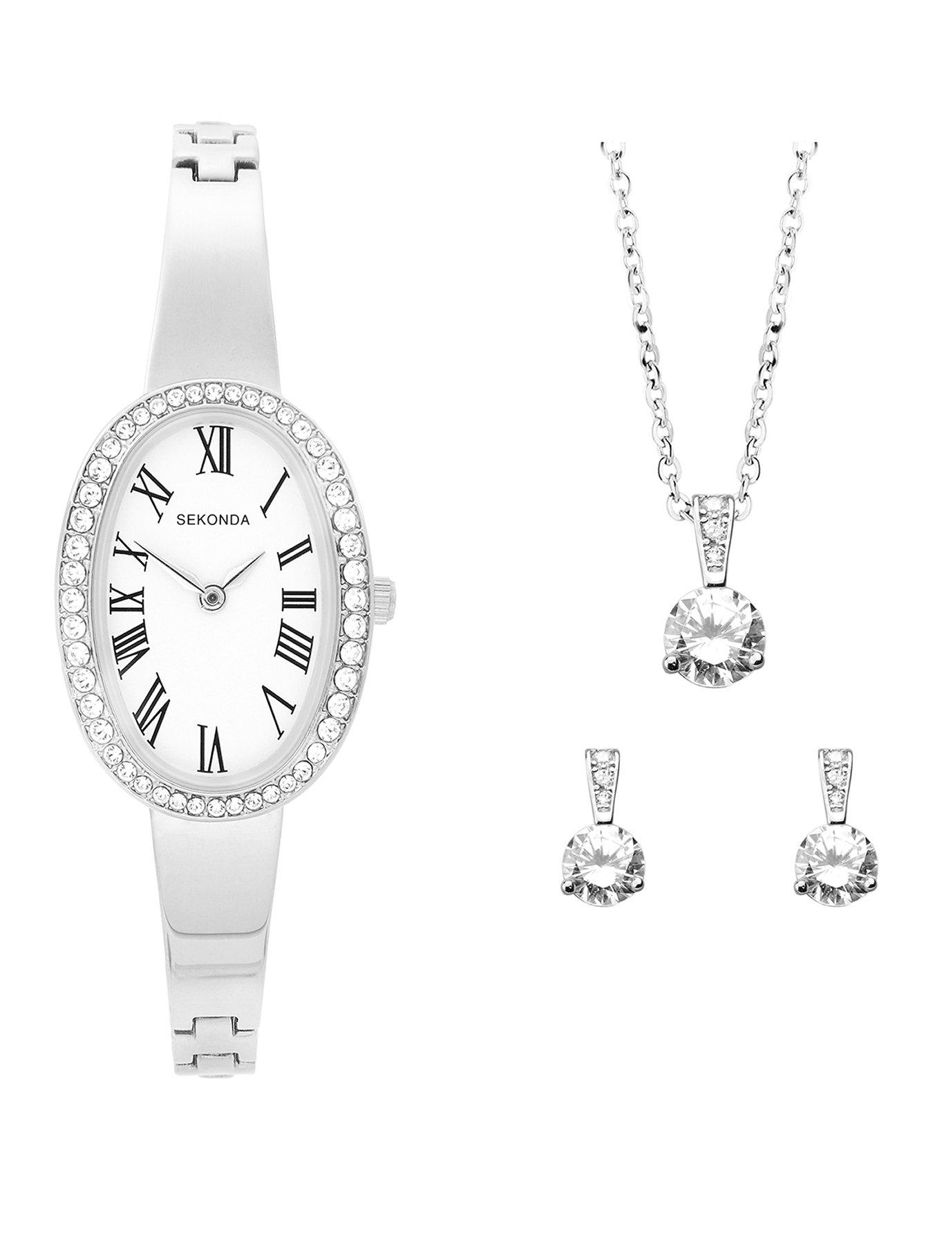 Sekonda Sekonda Womens Bellamy Silver Alloy Strap with Stone Set White Dial, matching Pendant and Stud Earrings Analogue Gift Set