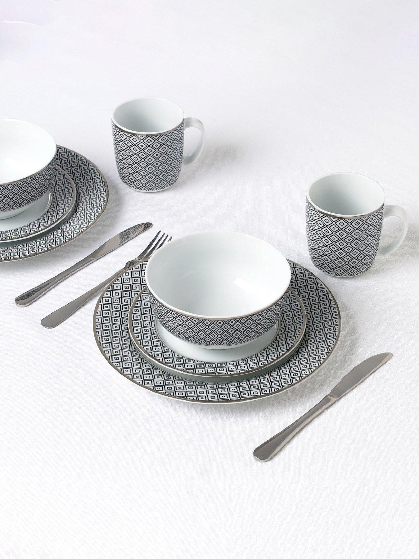 Waterside 16pc Premium Diamond Porcelain Dinner Set with Silver Rim - Image 6