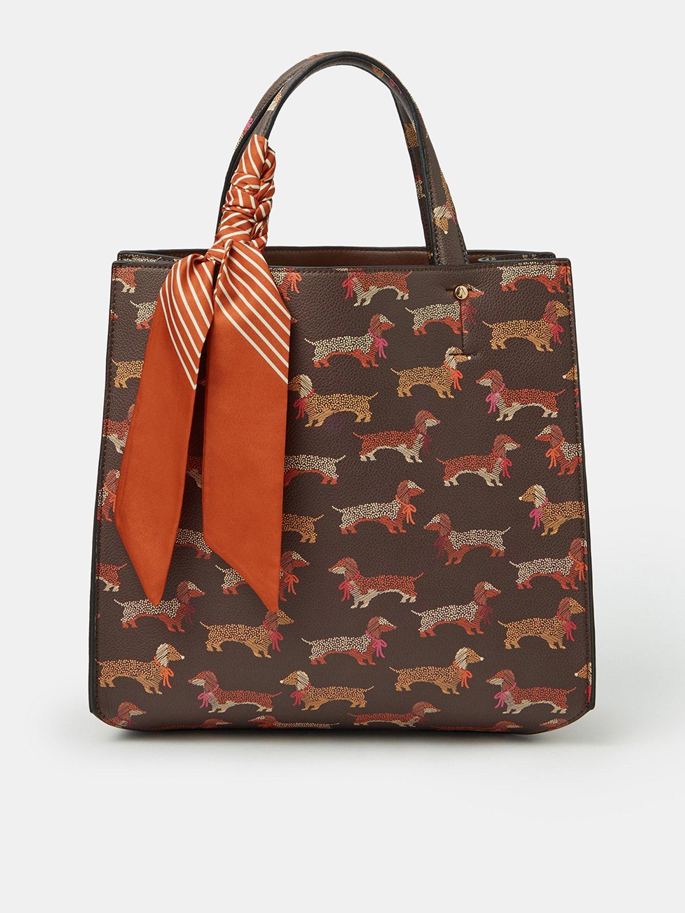 Image 1 of 5 of Accessorize Sausage Dog Print Structured Handheld Tote Bag - Brown