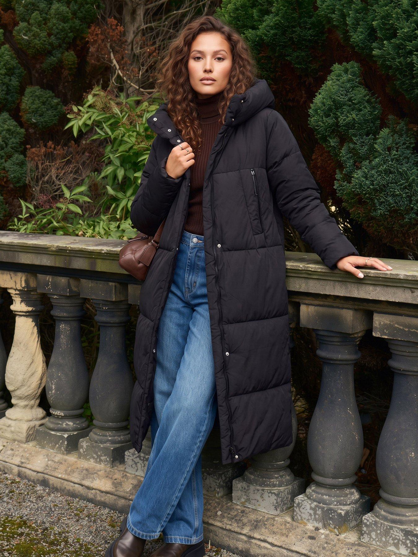 Image 1 of 4 of Threadbare Womens Petite Showerproof Maxi Hooded Puffer Coat - Black