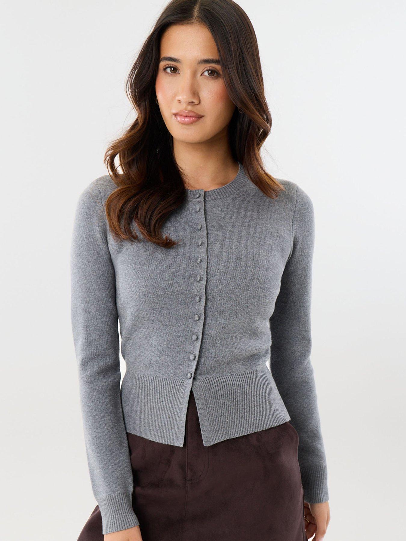 Image 1 of 4 of Threadbare Crew Neck Compact Knitted Cardigan In Charcoal Grey