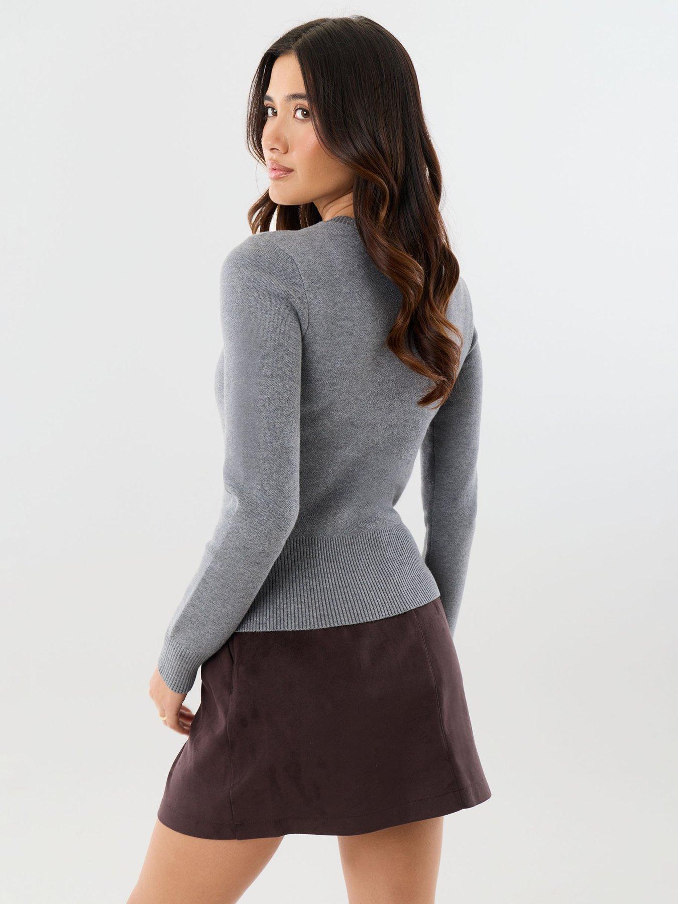 Image 2 of 4 of Threadbare Crew Neck Compact Knitted Cardigan In Charcoal Grey