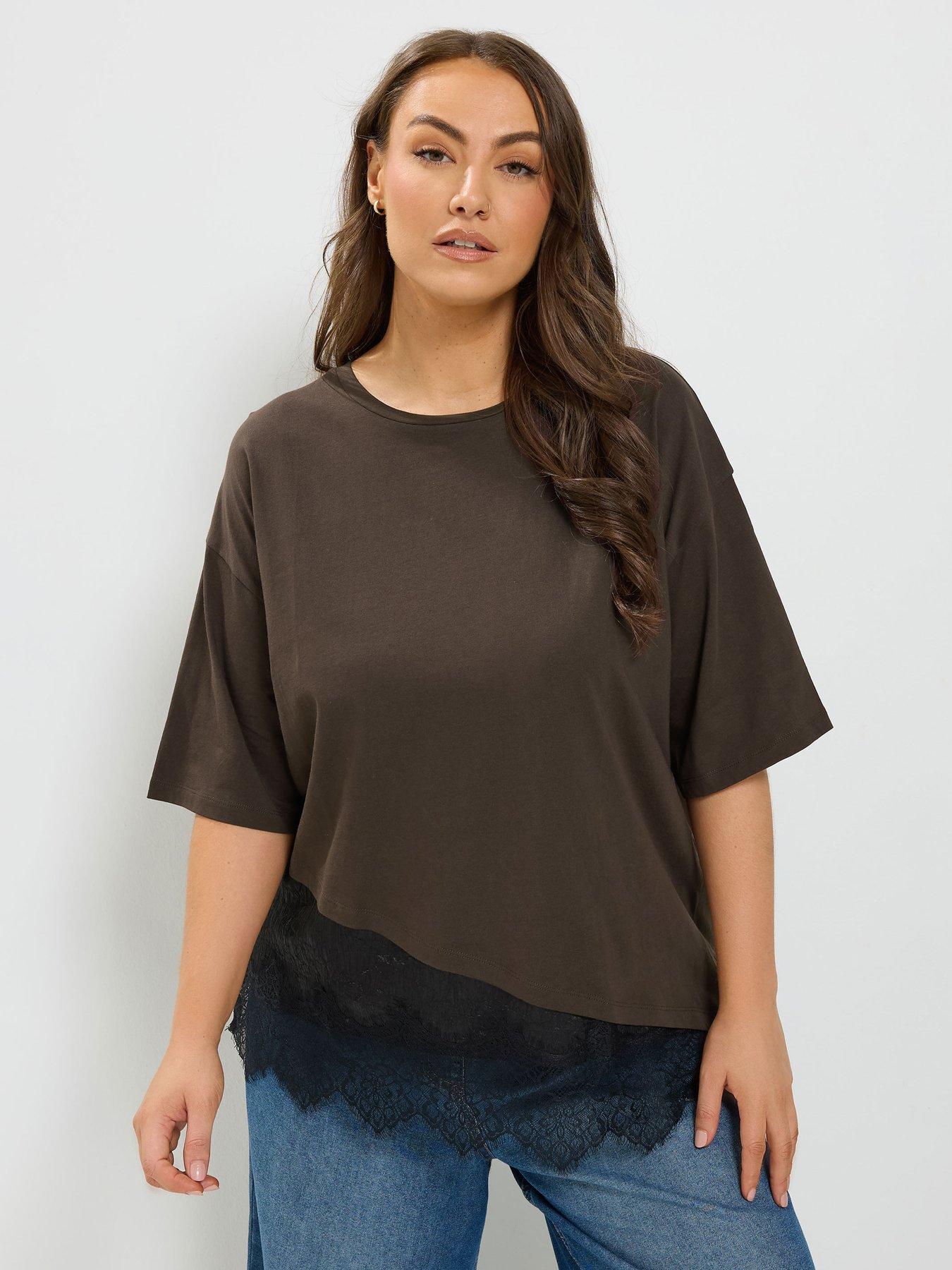 Image 1 of 4 of Yours Curve Short Sleeve Asymmetric Satin Hem T-Shirt - Brown