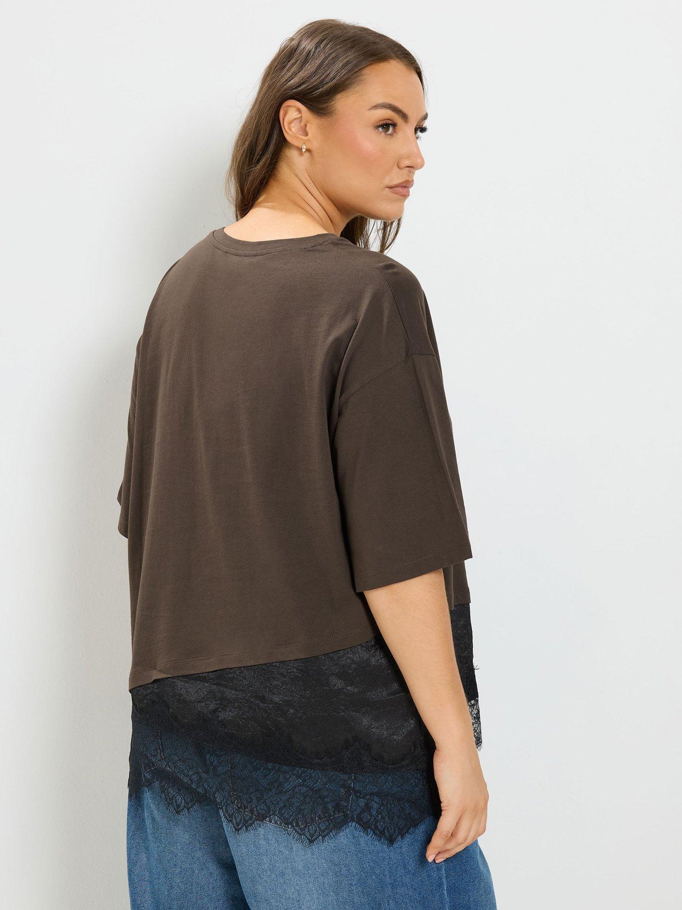 Image 2 of 4 of Yours Curve Short Sleeve Asymmetric Satin Hem T-Shirt - Brown