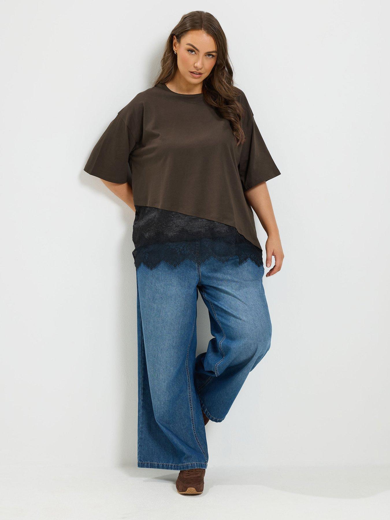 Image 3 of 4 of Yours Curve Short Sleeve Asymmetric Satin Hem T-Shirt - Brown