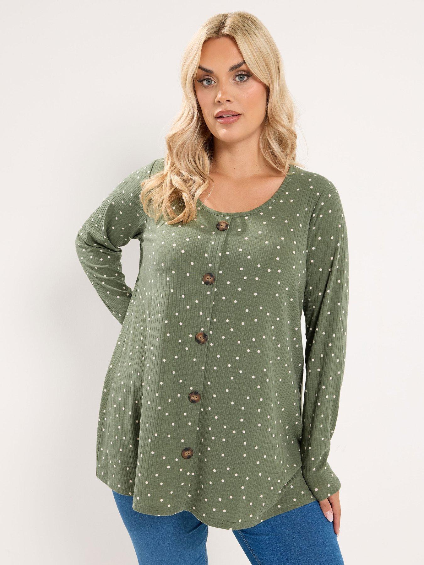Image 1 of 4 of Yours Curve Polka Dot Ribbed Button Top - Green