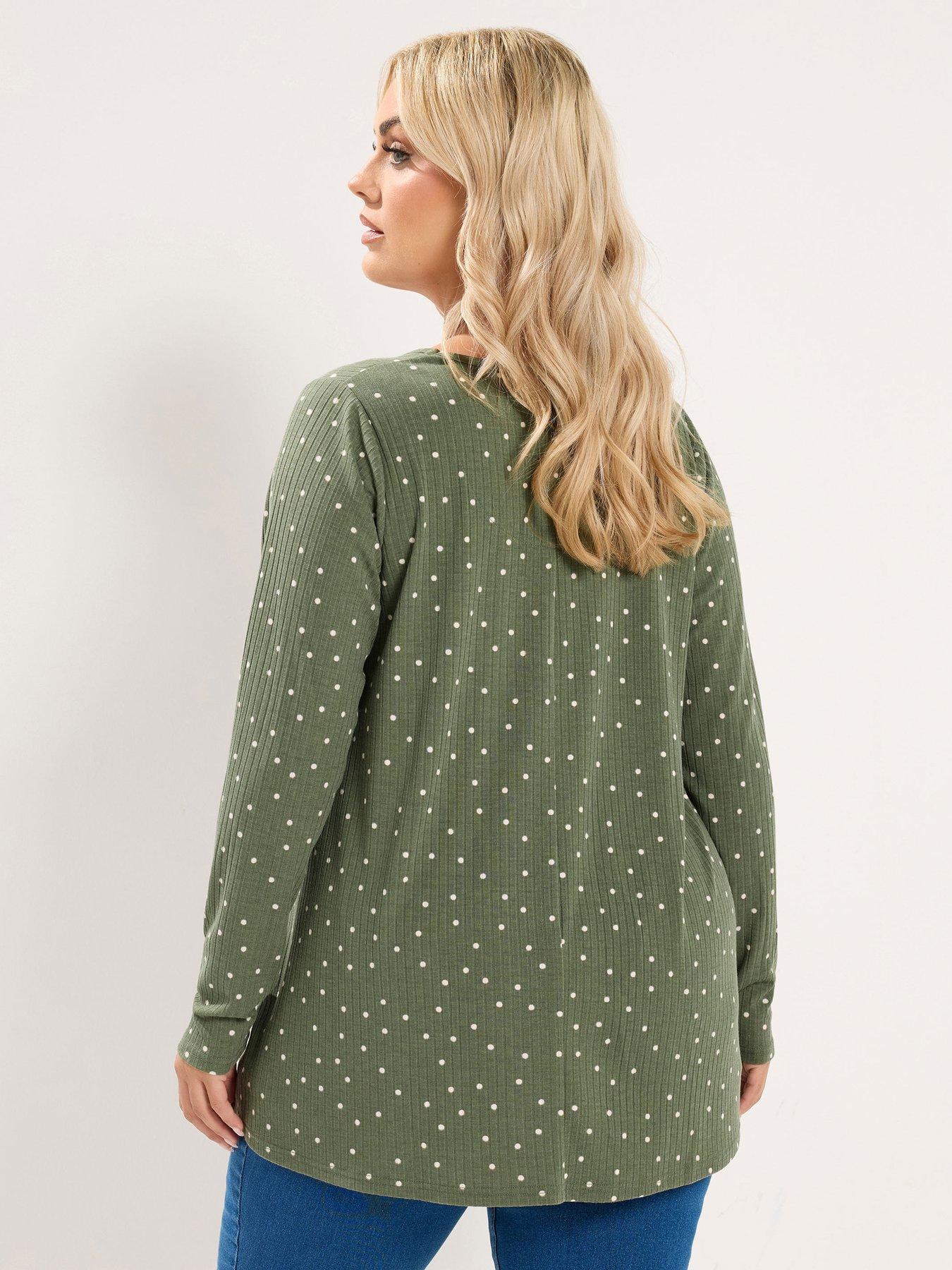 Image 2 of 4 of Yours Curve Polka Dot Ribbed Button Top - Green