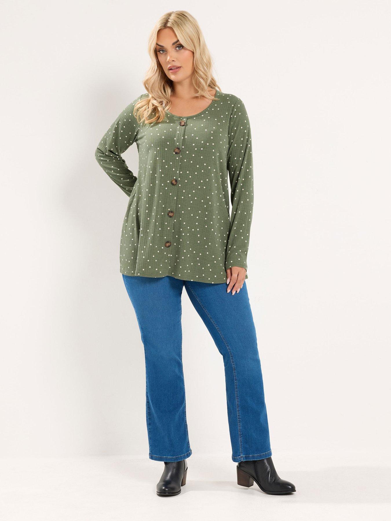 Image 3 of 4 of Yours Curve Polka Dot Ribbed Button Top - Green