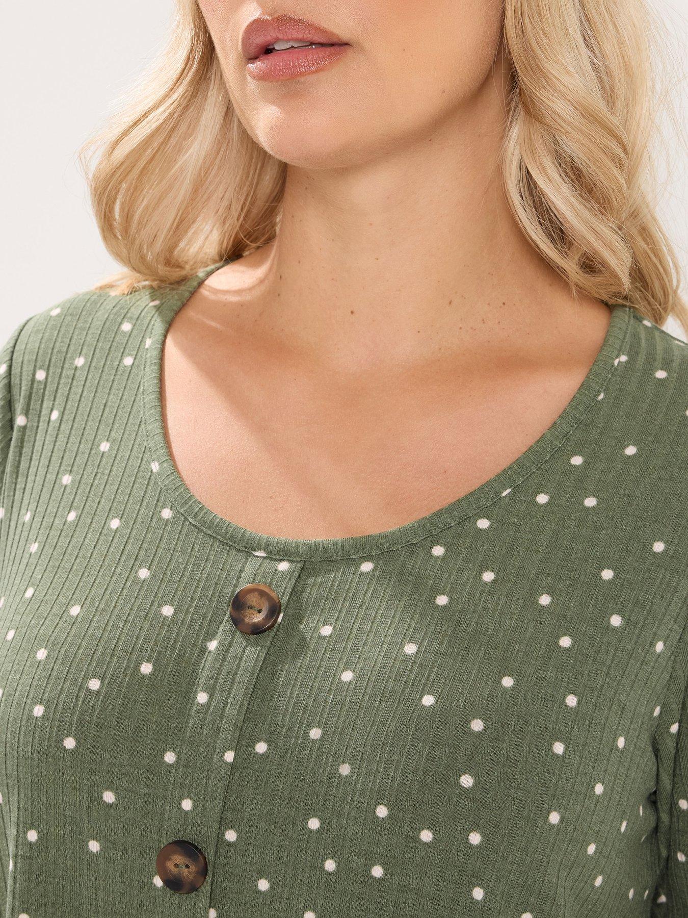 Image 4 of 4 of Yours Curve Polka Dot Ribbed Button Top - Green