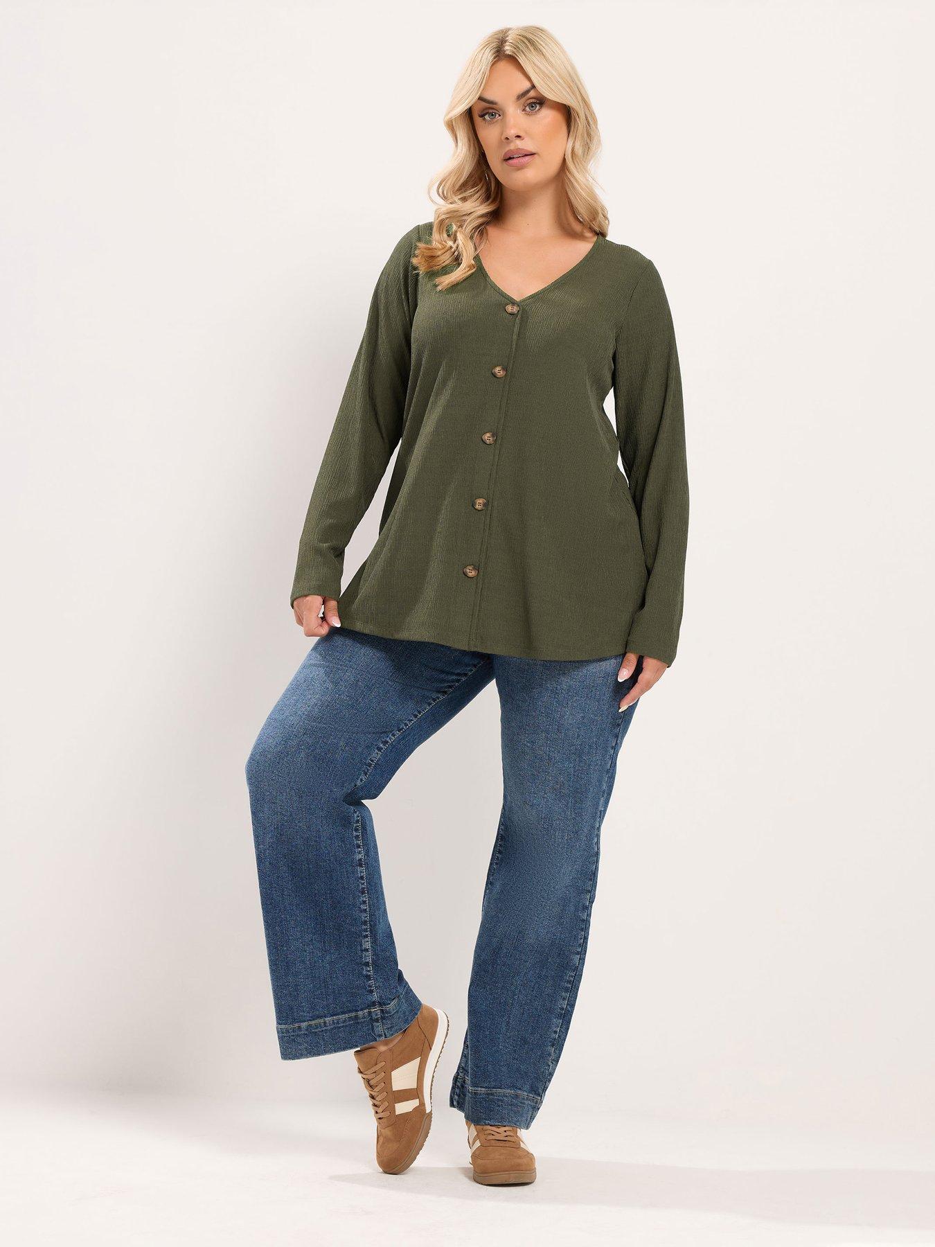 Image 3 of 4 of Yours Curve Button Front Crepe Top - Green