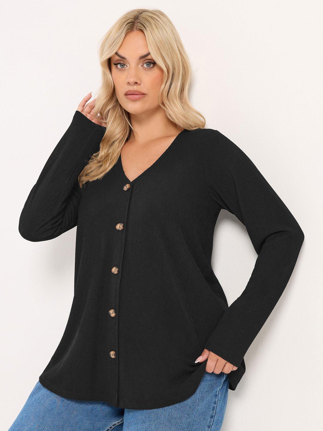 Yours Curve Button Front Crepe Top - Black