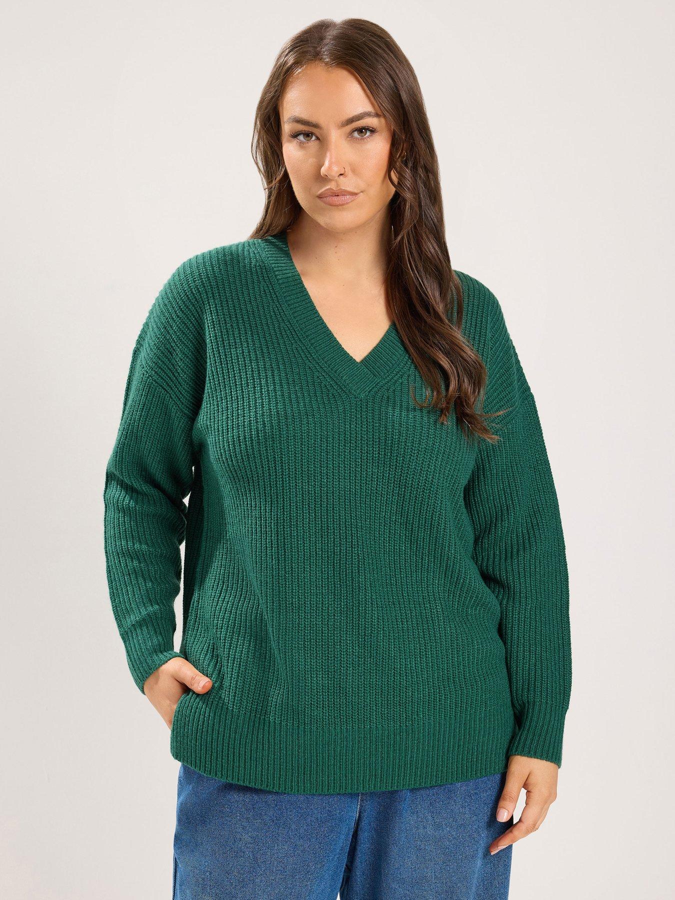 Image 1 of 4 of Yours Curve Essential V-Neck Jumper - Green