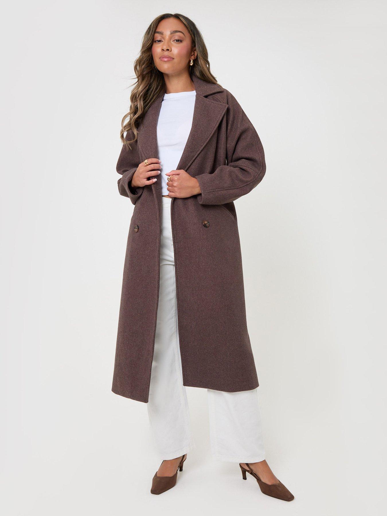 Image 1 of 4 of Threadbare Longline Cocoon Coat In Chocolate Brown