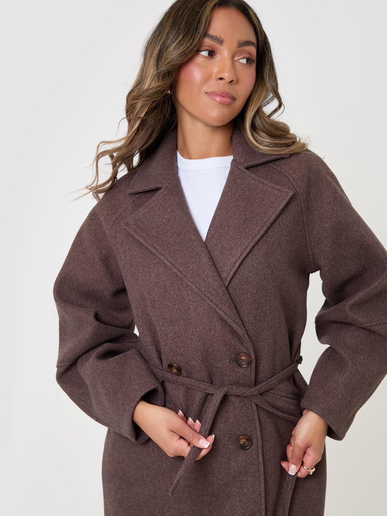 Image 4 of 4 of Threadbare Longline Cocoon Coat In Chocolate Brown