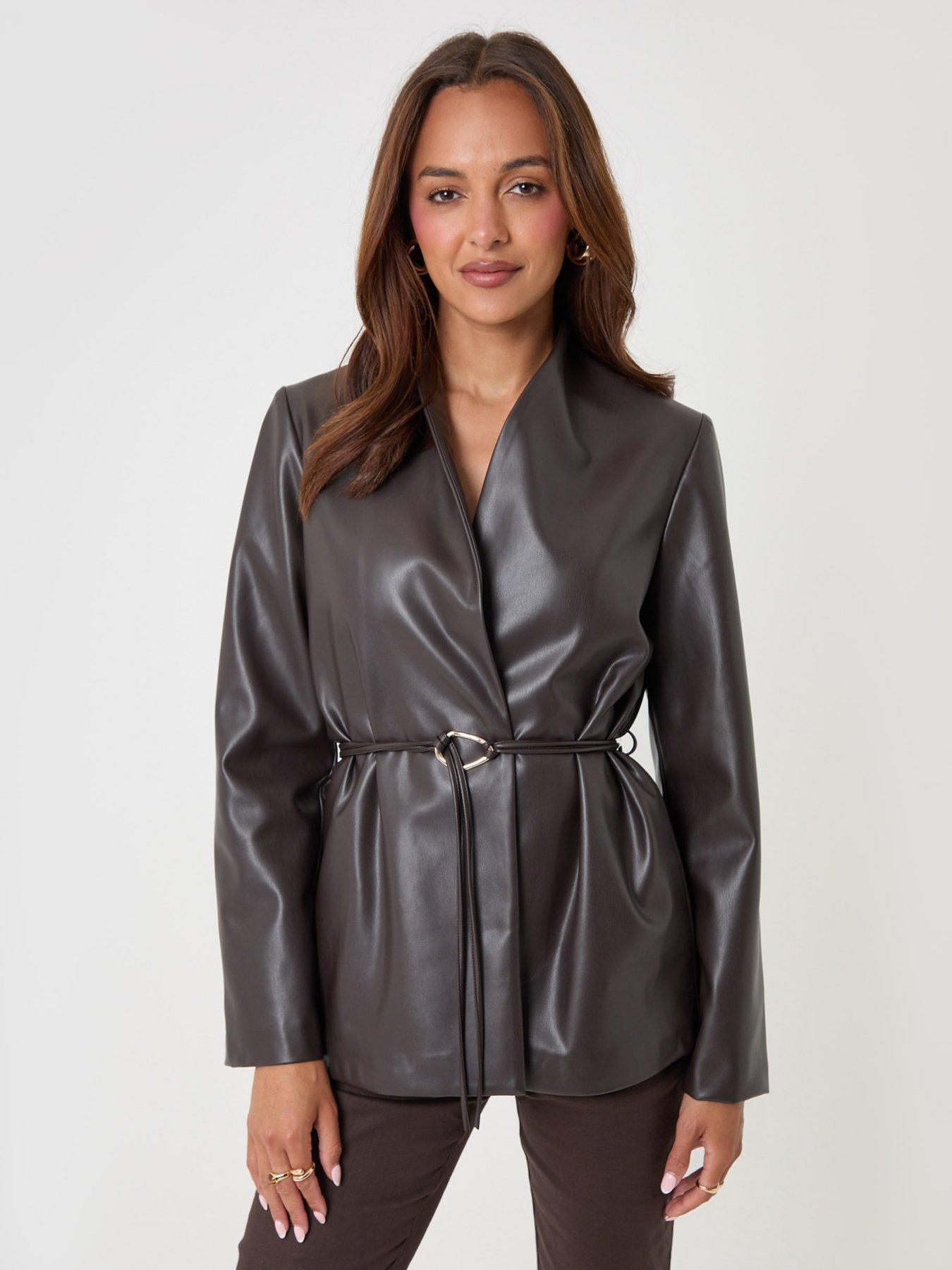 Image 3 of 4 of Threadbare Faux Leather Belted Blazer In Chocolate Brown