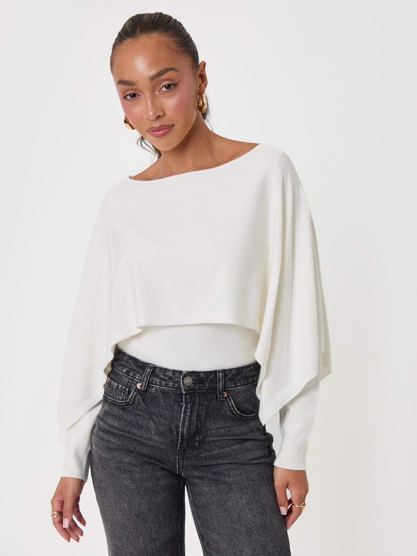 Image 1 of 4 of Threadbare Womens Cape Overlay Soft Knit Boat Neck Top - Ecru