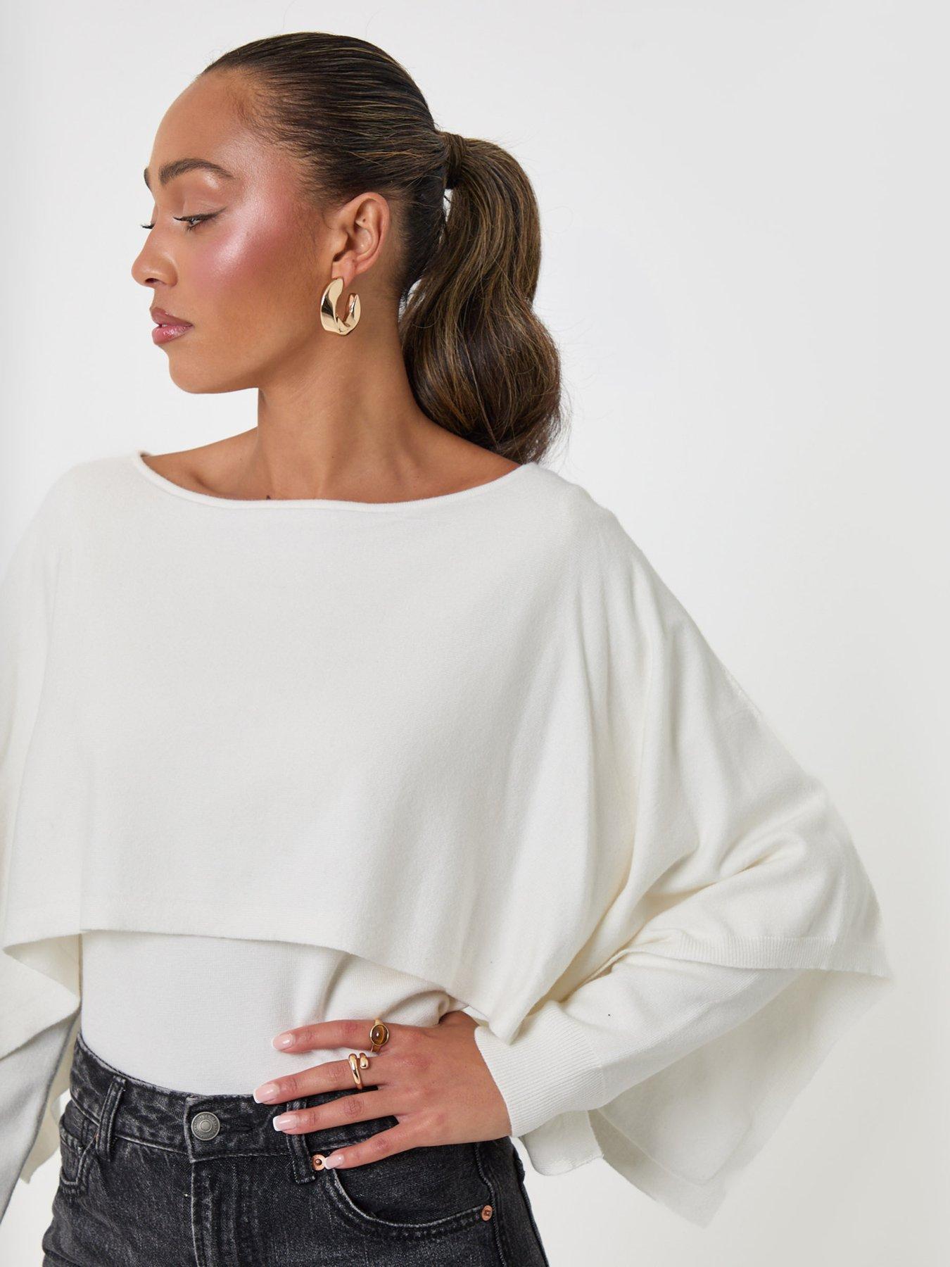 Image 4 of 4 of Threadbare Womens Cape Overlay Soft Knit Boat Neck Top - Ecru