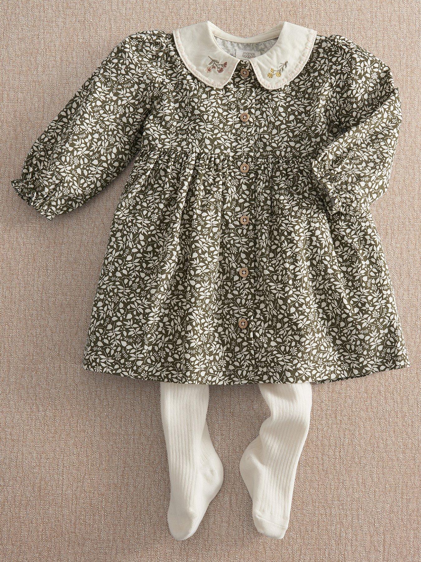 Mamas & Papas Baby Girls Leaf Print Dress & Tights Set, Green, Size Up To 1 Month