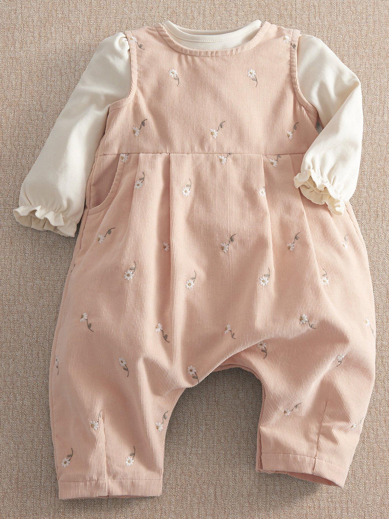 Mamas & Papas Baby Girls 2 Piece Daisy Embroidered Cord Romper & Bodysuit Set, Pink, Size 9-12 Months