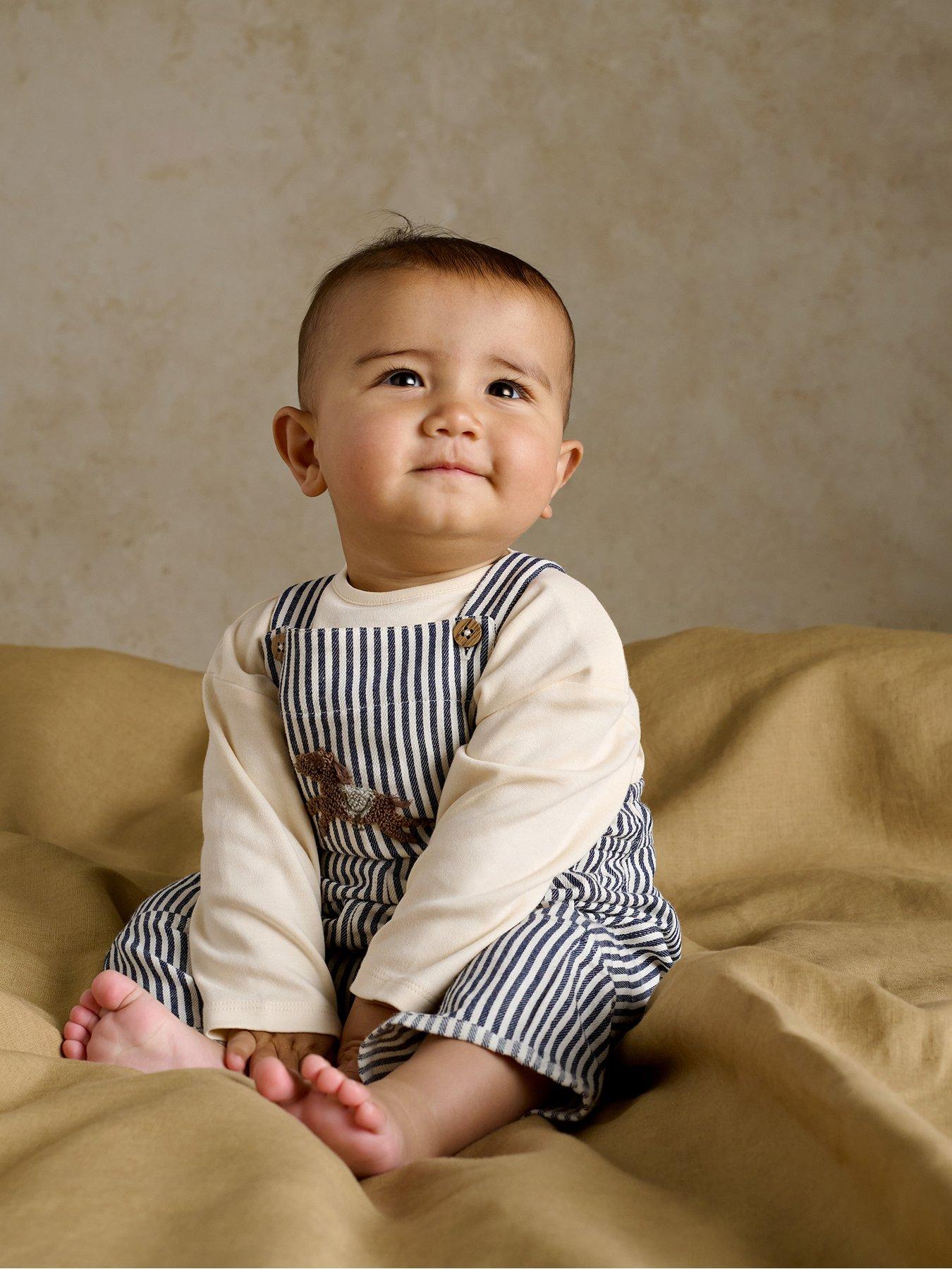 Mamas & Papas Baby Boys 2 Piece Stripe Dungarees & Long Sleeve Top Set, Blue, Size Up To 1 Month