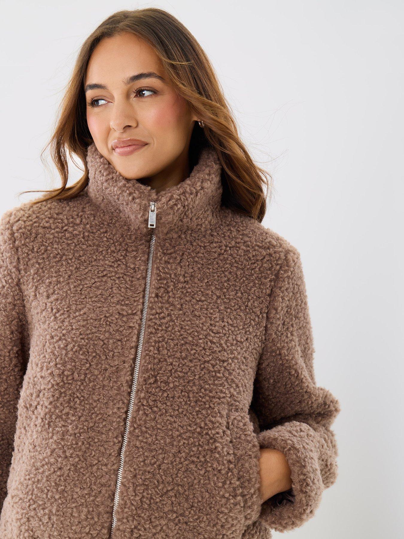 Image 1 of 5 of Threadbare Funnel Neck Borg Bomber Jacket In Mink Brown