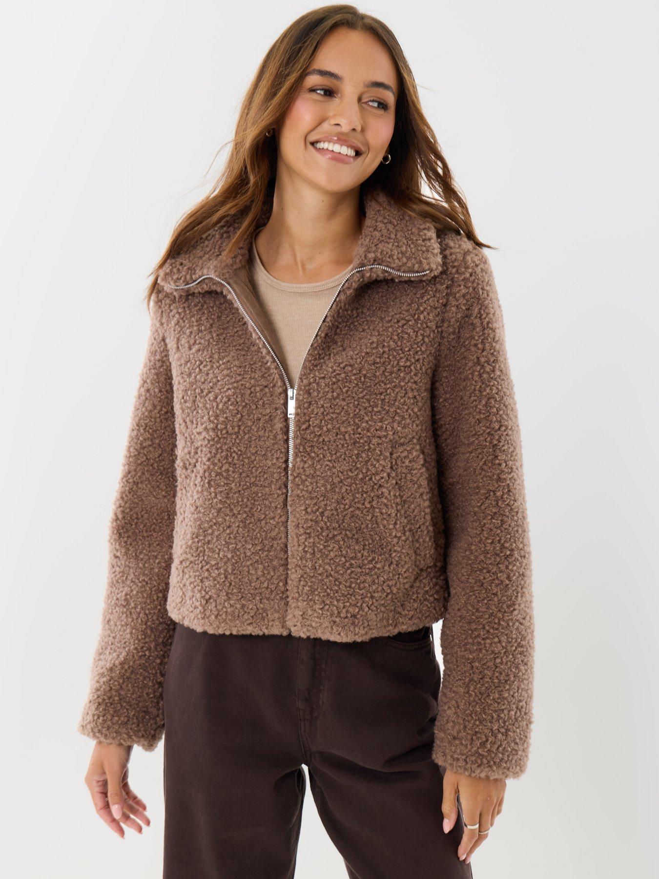 Image 4 of 5 of Threadbare Funnel Neck Borg Bomber Jacket In Mink Brown