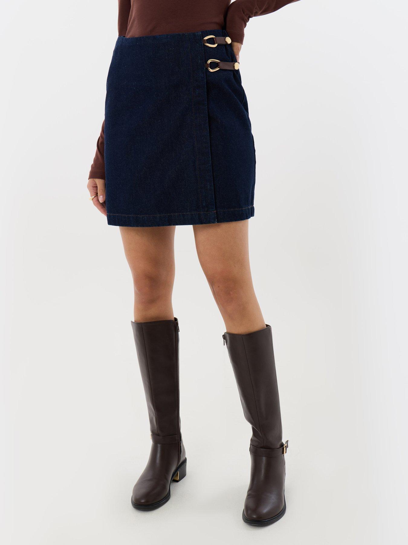 Image 1 of 4 of Threadbare Womens Pleated Wrap Buckle Detail Mini Skirt - Blue