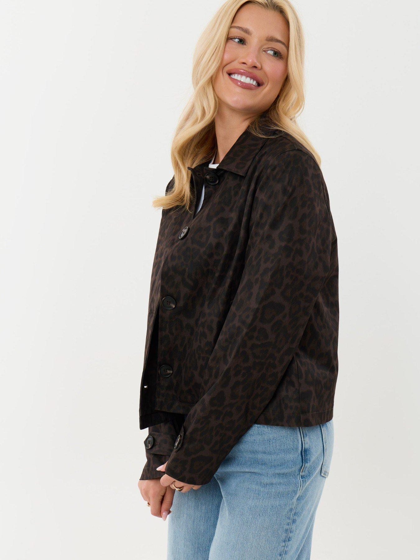 Image 1 of 4 of Threadbare Womens Cropped Collared Leopard Print Trench Coat - Brown