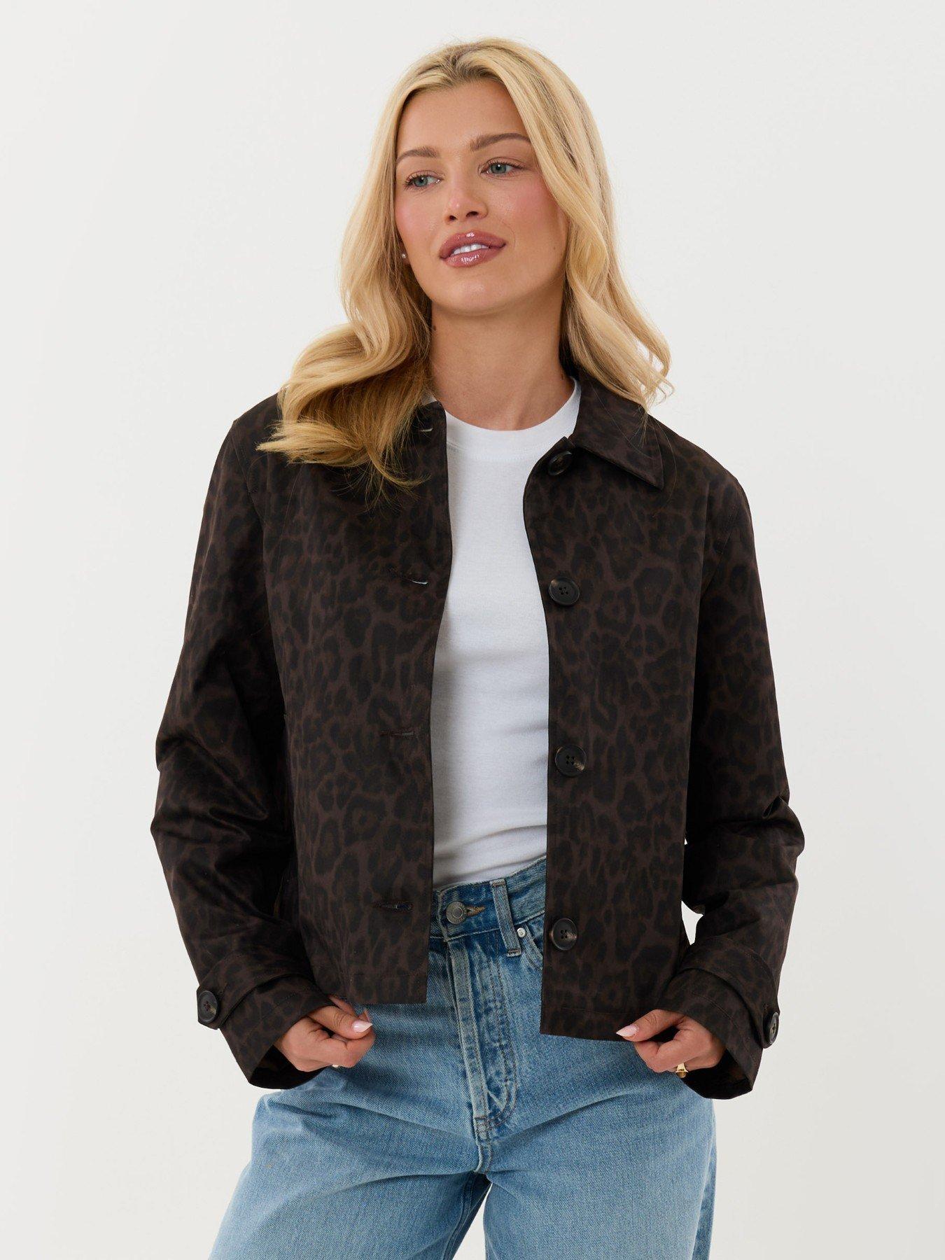 Image 2 of 4 of Threadbare Womens Cropped Collared Leopard Print Trench Coat - Brown