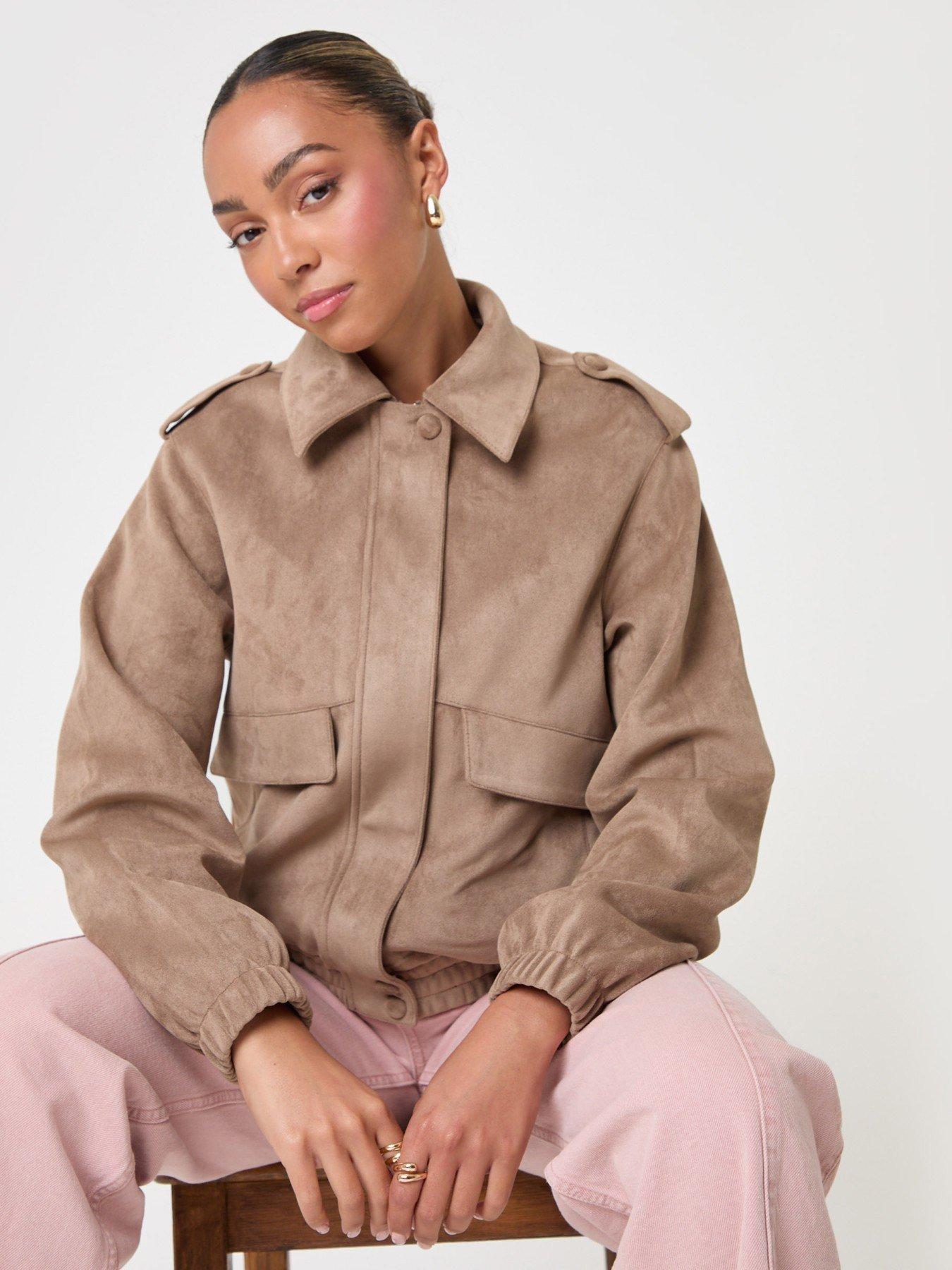 Image 1 of 4 of Threadbare Womens Collared Faux Suede Popper Bomber Jacket - Brown