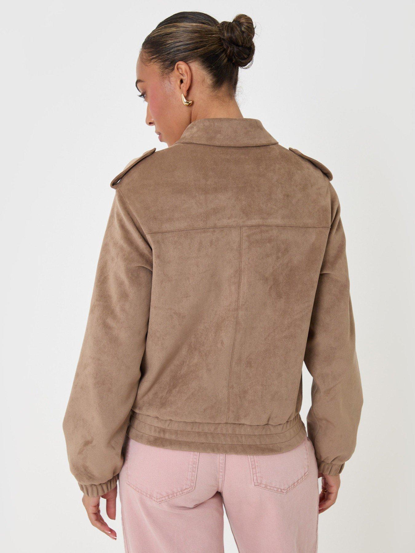 Image 2 of 4 of Threadbare Womens Collared Faux Suede Popper Bomber Jacket - Brown