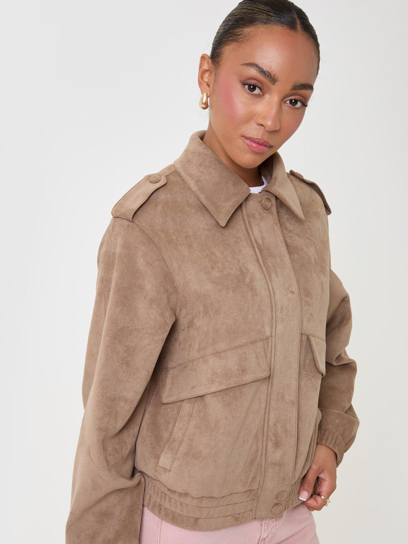 Image 3 of 4 of Threadbare Womens Collared Faux Suede Popper Bomber Jacket - Brown