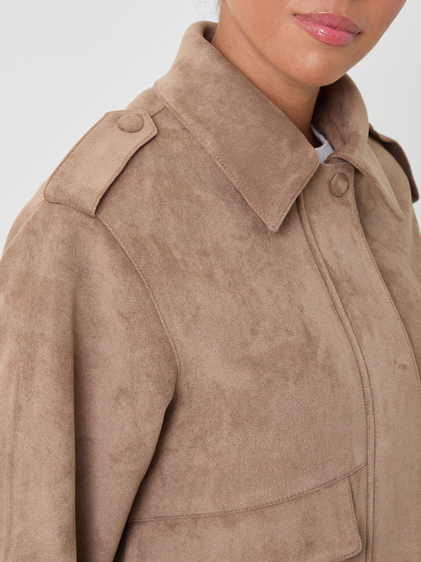 Image 4 of 4 of Threadbare Womens Collared Faux Suede Popper Bomber Jacket - Brown