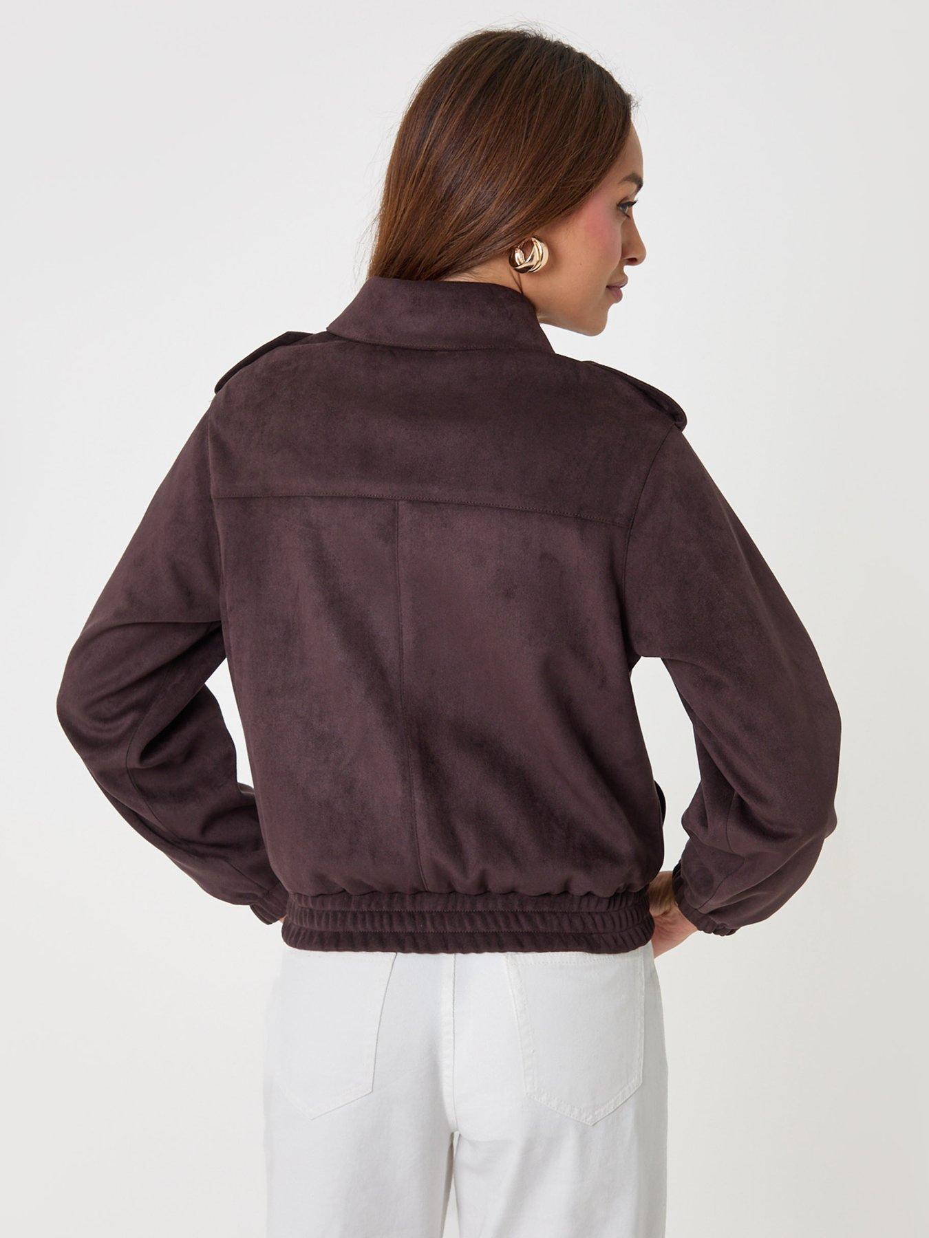 Image 2 of 4 of Threadbare Womens Collared Popper Front Faux Suede Bomber Jacket - Brown